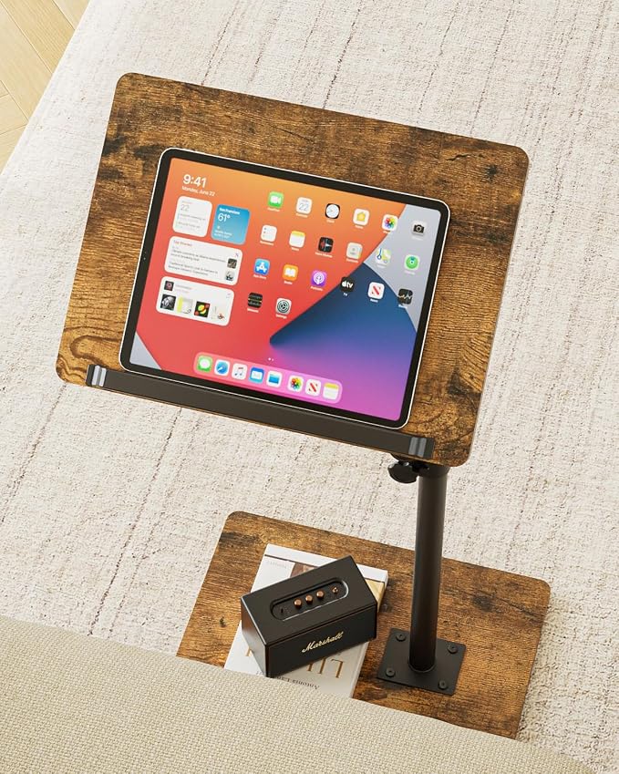 Masupu Sofa Arm Tray Table - 360° Swivel Height Adjustable End Table, Small Snack Side Table for Couch, C Shaped Table for Bed, Chair or TV Tray Table(Rustic Brown, Angle Adjustable)