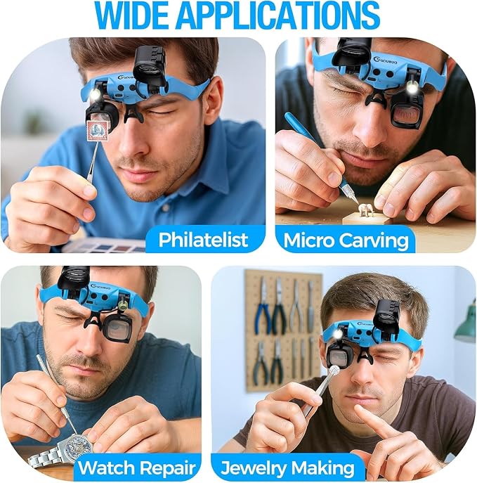 Rechargeable Magnifying Glass with Light 2X-23X,5 Pairs Lens Combos | Single Eye Observation,w/Storage Case, Switchable Headband Magnifier,Lightweight Handsfree for Close Work Watch Repair Crafts