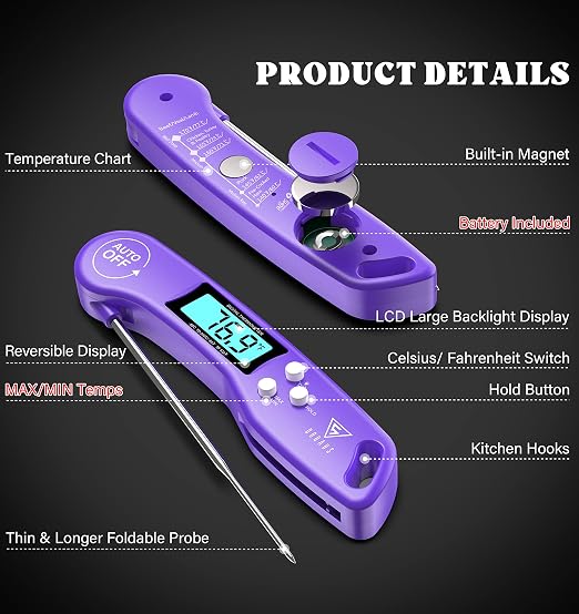 DOQAUS Meat Thermometer – Temperature Dial Thermometers for Cooking Backlight & Auto-Rotating Display, Kitchen Gadgets Essentials for BBQ Oven Grill Smoker Candy Purple