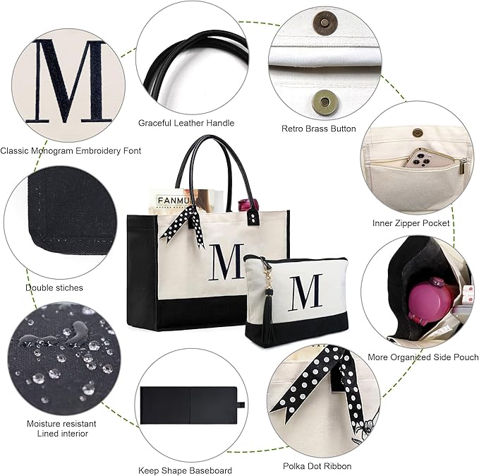 BeeGreen Christmas Gifts Initial Canvas Tote Bags, Personalized Birthday Gift for Women Mom Gift Embroidery Monogram Bags White Cotton with Leather Handle Organized Inner Pocket L