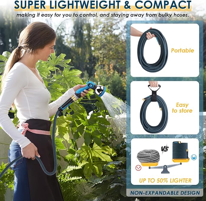 Non-Expandable Garden Hose 50 FT, Lightweight Hose with 10 Function Spray Nozzle, Kink-Free Flexible Water Hose, Durable, Leak-Proof, 360° Swivel Connectors, Portable Storage Strap