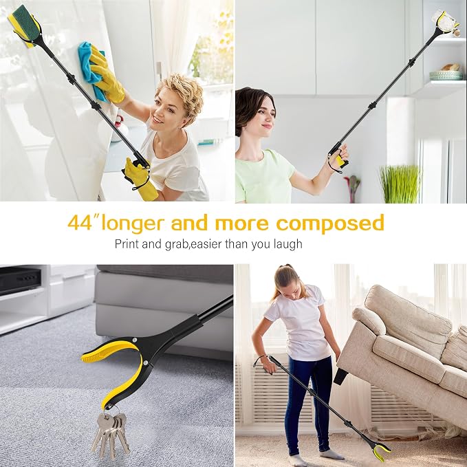 2Pack Extra Long Grabber Reacher Tool，Foldable Trash Pick Up Stick for Seniors with Strong Grip Magnetic，360°Rotating Anti-Slip Jaw 4" Wide Claw Opening,Hand Grabber (YellowBlack+Blueblack, 44INCH)