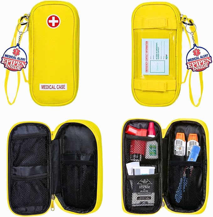 EpiPen Medical Carrying Case Insulated, Travel Medication Organizer Bag Emergency Medical Pouch, Fits 2 EpiPens, Asthma Inhaler, Anti-Histamine, Auvi-Q, Allergy Medicine Essentials, Bright Yellow
