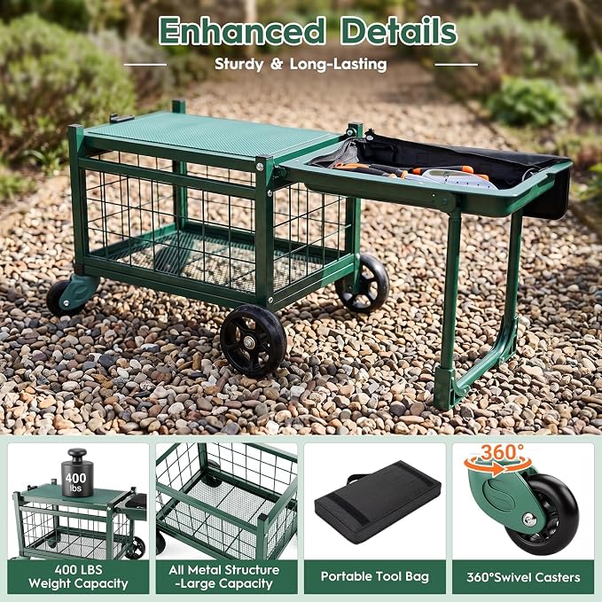 Rolling Garden Cart with Seat, Metal Garden Work Seat with 360° Swivel Wheels, Storage Basket, Workbench, and Tool Bag, Upgraded Heavy Duty Gardening Wagon and Stool for Seniors