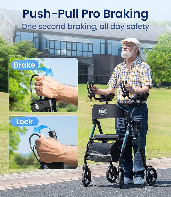 VOCIC Walkers for Seniors, Upright Walker with Adjustable Armrests, Z22 GelCool Stand Up Walker with Ergo Seat & Backrest, 8" All Terrain Rollator with 300lb,Cup& Cane Holder