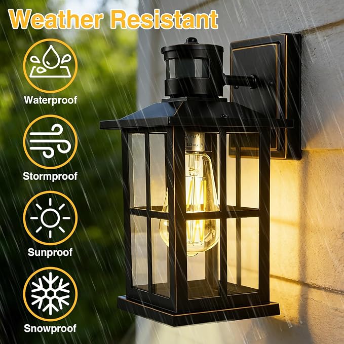 Outdoor Motion Sensor Light, Black Exterior Wall Lighting Fixtures,Dusk to Dawn Motion Sensor Outdoor Lights, Waterproof Front Porch Light Lantern for Garage, Patio. (Black, 1 Pack)