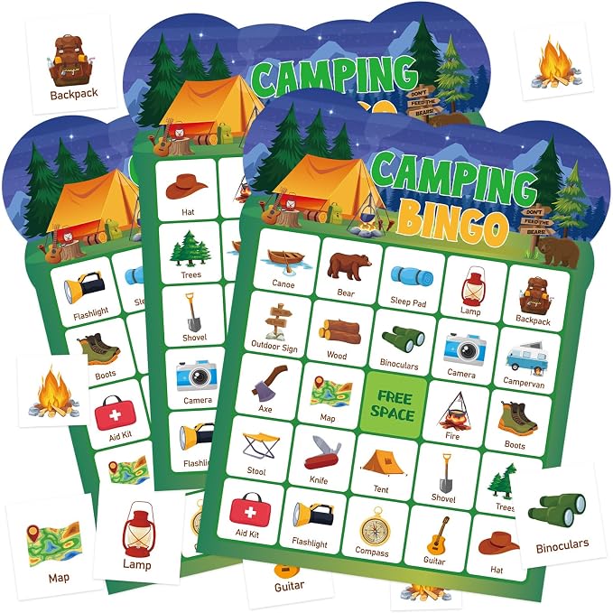 24 Player Camping Bingo Game Cards for Group Activities Party Supplies
