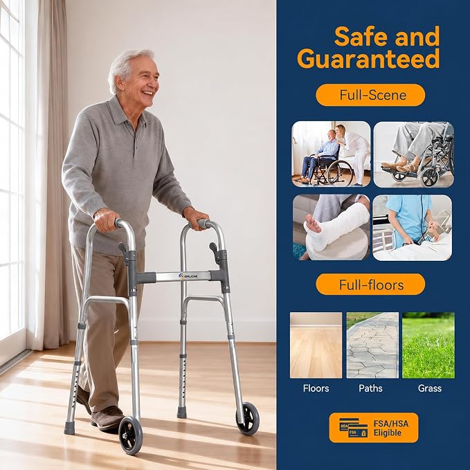 WHLICKS Standard Walkers for Seniors with 2 Skis and 5" Wheels | Folding Walker with 8 Height Adjustment, Lightweight Aluminum Frame, Easy to Assemble and Storage, Supports 300 lbs