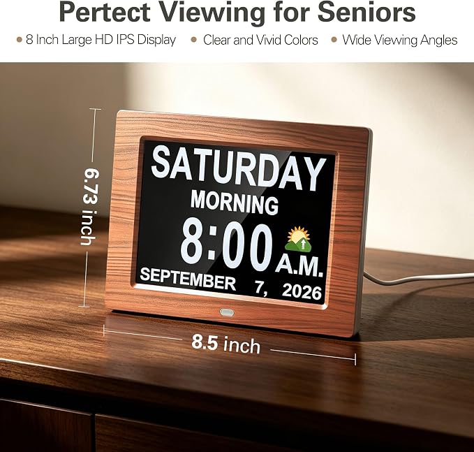 JALL 8" Large Digital Calendar Day Clock for Seniors 2026 - Easy to Read Alzheimer's Dementia Memory Loss Clock for Elderly with IPS Wide Angle，Day & Date, 12 Custom Alarms & Auto-Dimming, Wood