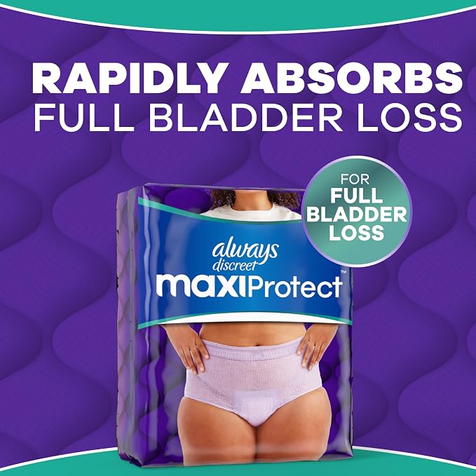 Always Discreet MaxiProtect Adult Diapers for Women, Incontinence Underwear, Scented, Postpartum Essentials, Bladder Leak Protection, Disposable Briefs, Maximum Plus Absorbency, Size S/M, 68 Count