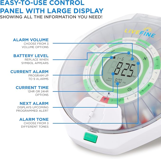 LiveFine 28-Day Automatic Pill Dispenser, 9 Dosage Rings, Frosted Lid | Battery-powered and travel-ready with a lockable key cover - trusted by seniors and arthritis sufferers.