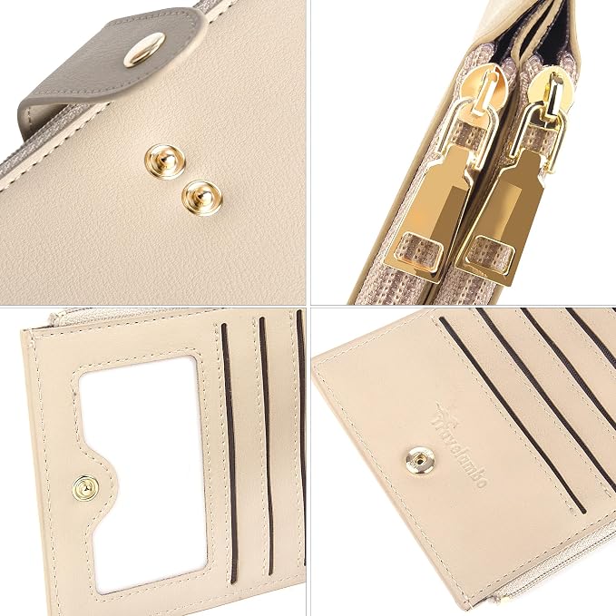 Travelambo Womens Leather Bifold Wallet, Slim RFID Blocking Card Holder | Large Capacity, 16 Card Slots & ID Window, 2 Zipper Pockets, Dual Snap Closure, Slim Lightweight, RFID Privacy Protection