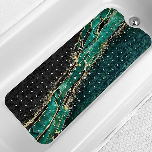 LNOND Marble Bath Tub Mat Non Slip, Extra Long 40 X 16 Inch Anti Slip Mat for Bathtub, Green Gold Marble Shower Mat with Drain Holes and Suction Cups, Machine Washable