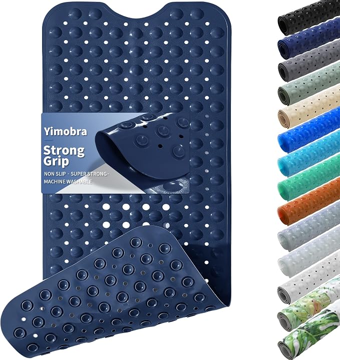 Yimobra Non Slip Bathtub Mat 40 x 16 Inch, Extra Long Shower Mat with Drain Holes, Machine Washable Baby Bath Mats, Strong Suction Cups for Bathroom Floor, Navy Blue