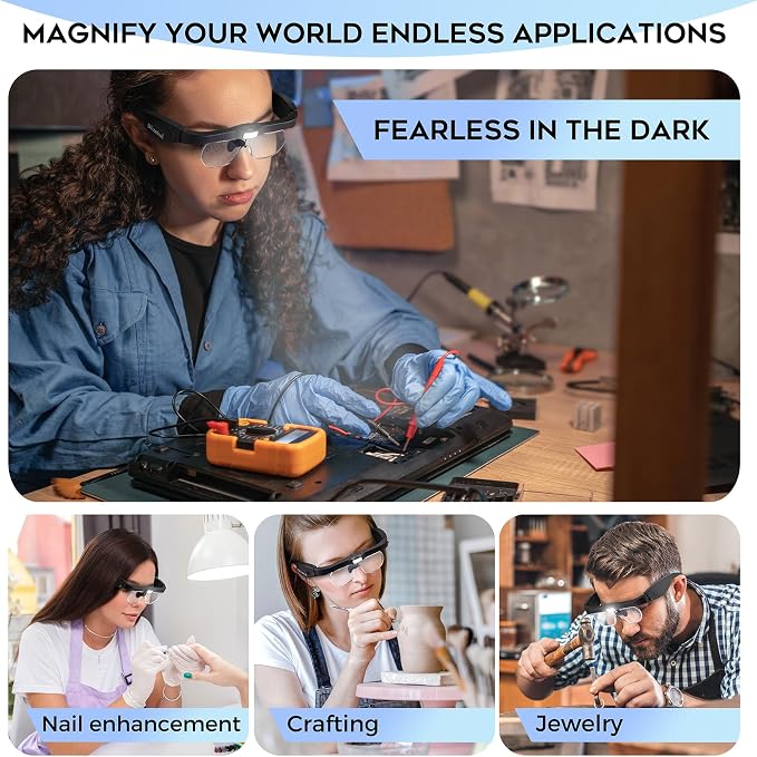 Dilzekui Magnifying Glass w/Light,1.5X-5X Magnifying Glasses Acrylic Lenses | Rechargeable Light with 2 Levels, Type-c Charged, 2 Wearing Ways, Hands free Headband Magnifier for Close Work Craft Hobbies