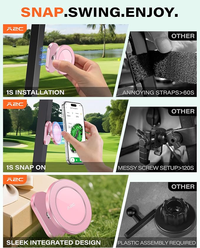 A2C Pink Alloy Magnetic Golf Cart Phone Holder, Golf Accessories for Women | Unique Golf Gifts for Female Golfers Ladies Her Girls Mom Mother Wife, Golf Accessories Essentials Fits EZGO Club Car Yamaha
