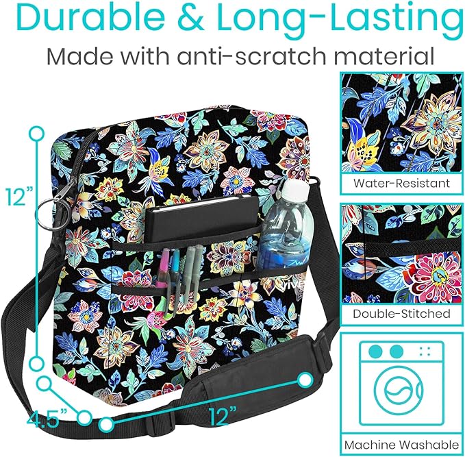 Vive Wheelchair Bag - Machine Washable, Double-Stitched, Water-Resistant Accessory Backpack for Rollators, Wheel Chairs, Walkers - Pouch with XL Pockets & Straps for Quick Installation (Black Floral)