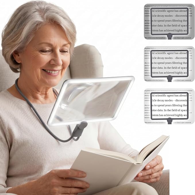 Neck Magnifying Glass with Light, 3-in-1 5X Magnification, 48 LEDs, Acrylic Lens, Adjustable Gooseneck, 3 Color Brightness Settings, Rechargeable, for Seniors Reading & Craft (Grey)