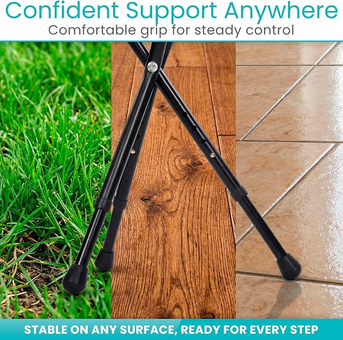 Vive Cane with Seat for Seniors - 2-in-1 Portable Cane w/Stool for Adults - Adjustable Walking Stick w/Folding Chair - Lightweight Aluminium, Anti-Slip, Easy Carry