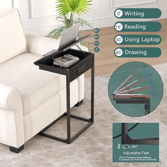 sthmec C Shaped End Table with Charging Station, 45° Tiltable Adjustable Flip Top Side Table with Storage,Small C Table for Small Spaces,Slide Under Couch Sofa Bedside Table for Living Room, Black