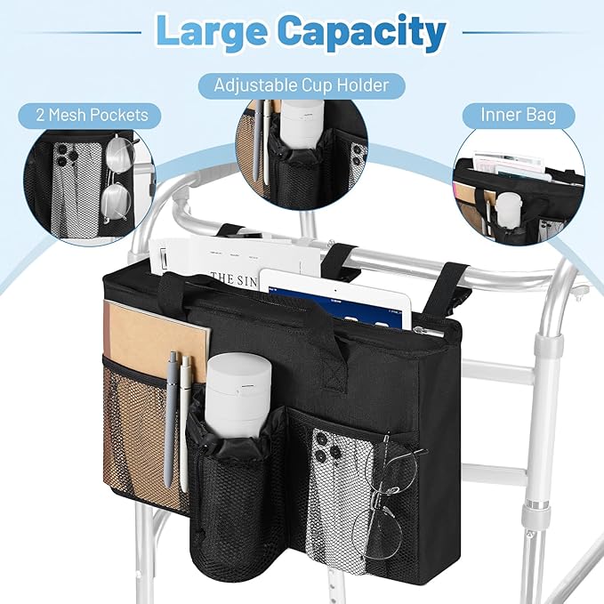Rhino Valley Walker Bag, Large Capacity Walker Accessories Storage Bag with Multi Pockets & Cup Holder, Walker Basket with 4 pockets for Universal Walkers for Seniors, Black