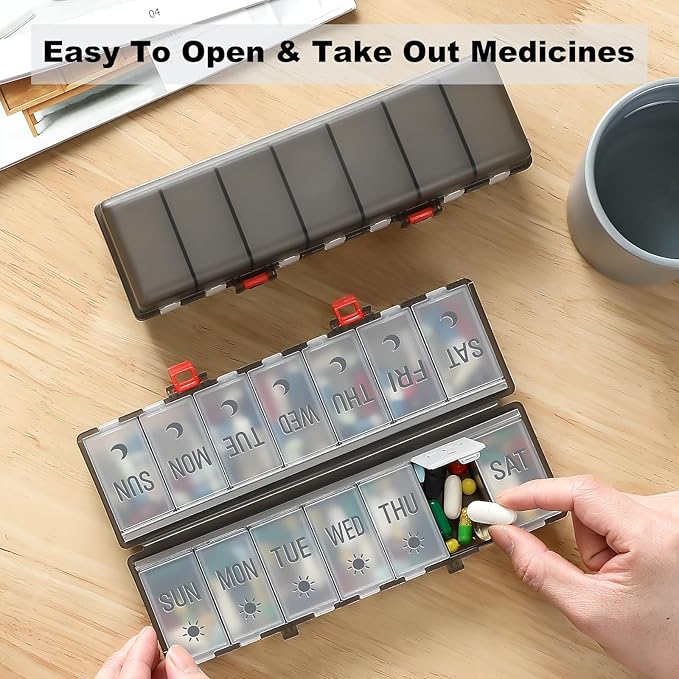 Foldable Pill Organizer 2 Times a Day w/Etched Labels -Dual Protection & Portable Weekly AM PM Pill Box, 7 Day Medicine Container, Large Travel Pill Case for Daily Supplement Vitamin -Clear Black