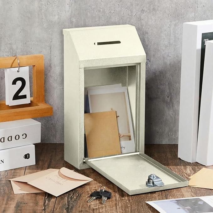Yaocom Metal Money Box,Beige,10.24 x 5.71 x 2.95 Inch,No Lid | Wall Mounted Drop Donation Cash Box for Farm Stand Collection Safe Suggestion Box with Lock Container for Home Office Outdoor