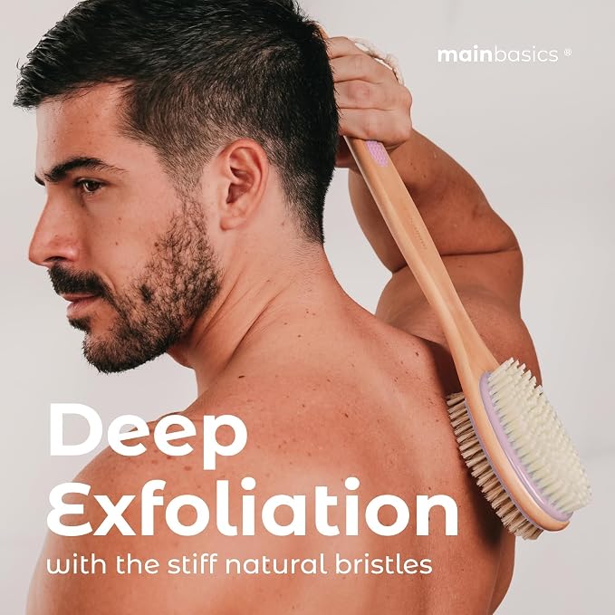 MainBasics Back Scrubber Shower Brush, Lavender, Long Handle | Dual Sided Body Brush, Exfoliating Bristles and Soft Bristles, Back Scrubbing, Deep Cleaning