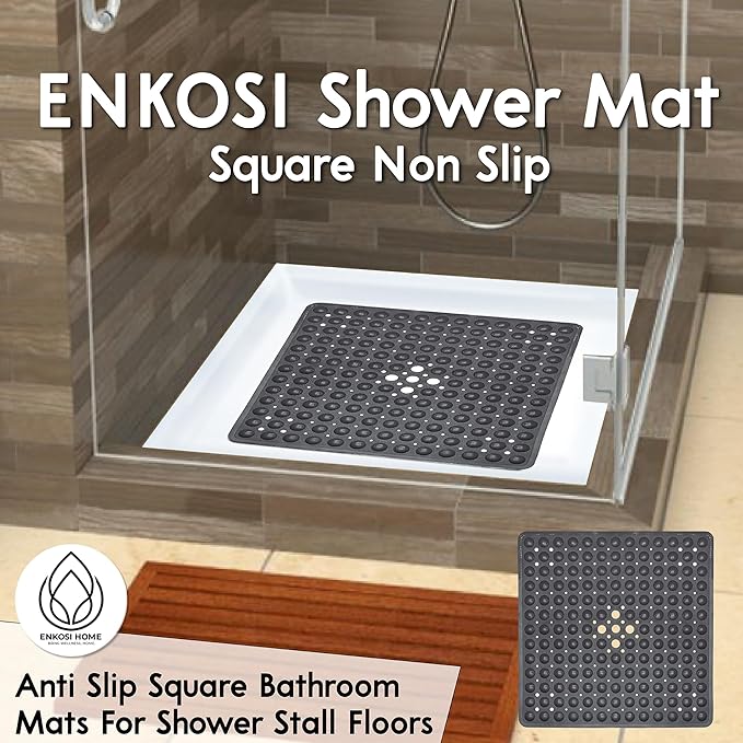 ENKOSI Square Shower Mat - Non Slip Bath Mat - 21x21 Charcoal