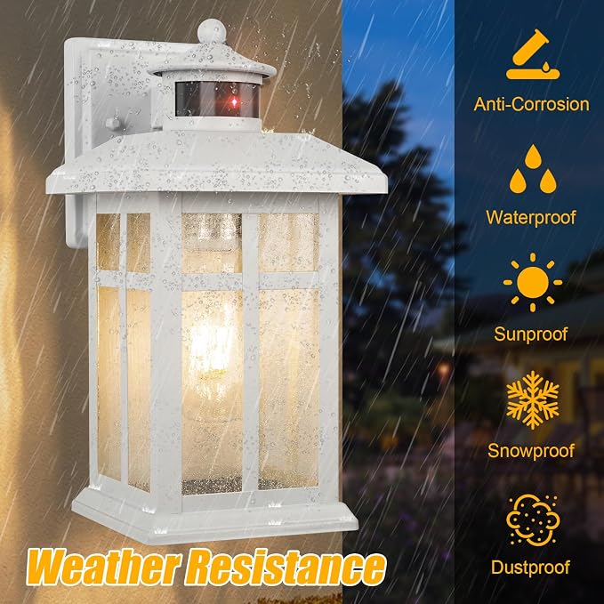 2 Packs Motion Sensor Outdoor Lights, Outside Light Fixtures for House | Porch Lights Outdoor with E26 Sockets & Tempered Glass, Dusk till Dawn Waterproof Exterior Wall Lights Motion Sensor, White