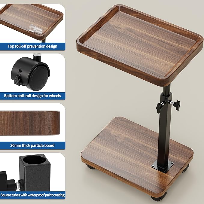 C Table End Table Adjustable Height, 360°Swivel TV Tray Table for Small Spaces, Side Tables with Wheels for Living Room and Bedroom, Bed (Walnut) | Adjustable Height, 360°Swivel, for Small Spaces, Couch Tables, That Slide Under, with Wheels
