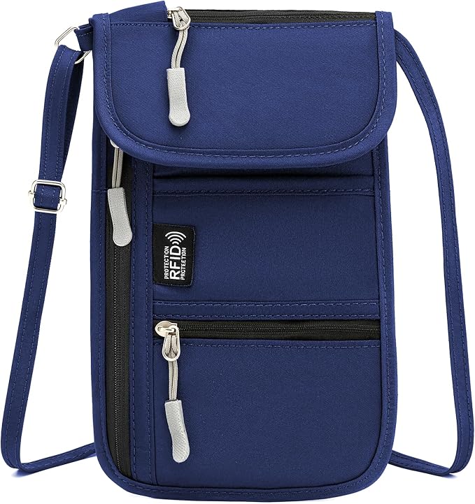 RFID Blocking Passport Holder for Travel Neck Wallet with Adjustable Lanyard 6 Compartments Pouches Passport Wallet for Family (Navy Blue)