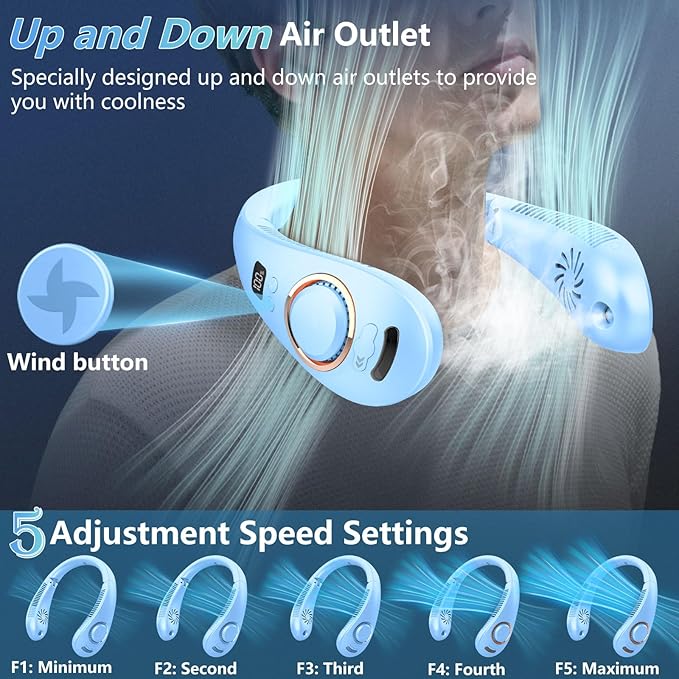 Neck Fan with Mist,Foldaway Neck Fan with Mist,Personal Fan for Neck Wearable Hanging around,Cordless Neck Coolers for Female Male Kids Dad Mom Extremely Hot Weather Light Blue