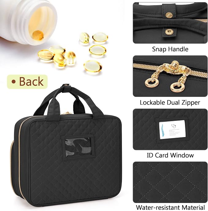 Damero Pill Bottle Organizer, Travel Medicine Bag Organizer, Black | Medicine Organizer and Storage for Pills, Vitamin, Fish Oil, Medical Supplements for Women and Men