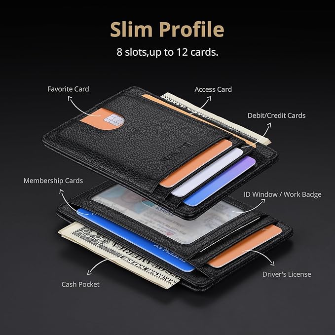 Buffway Slim Minimalist Front Pocket RFID Blocking Leather Wallets for Men and Women - Lichee Black