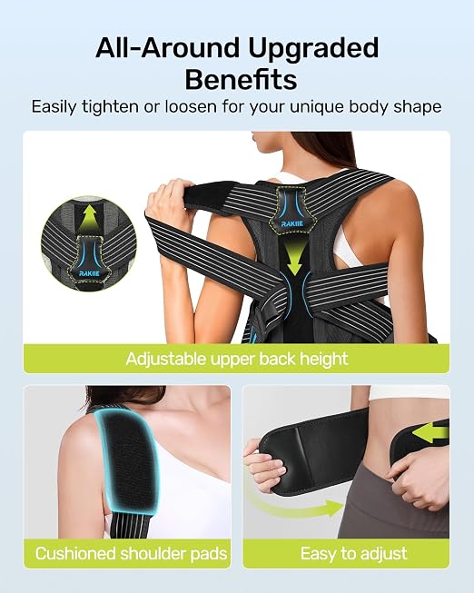 Rakiie Posture Corrector for Women and Men, Upgraded Back Brace with Enhanced Support, Shoulder Straightener with Cushioned Shoulder Pads & Underarm Pain Relief Strap, Size M (Underbust: 35.4"-41")