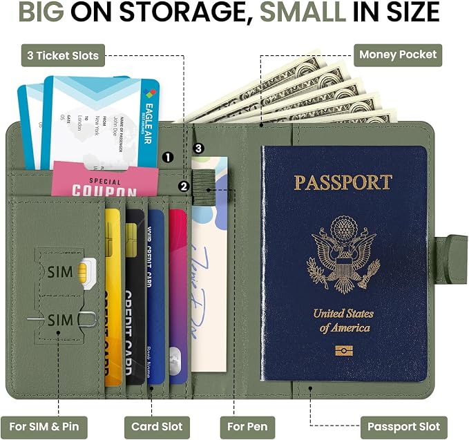 Passport Holder for Travel Essentials, RFID Blocking Leather Cover Wallet with Magnetic Closure, Aesthetic & Cute Passport Book Case for Women and Men - Green