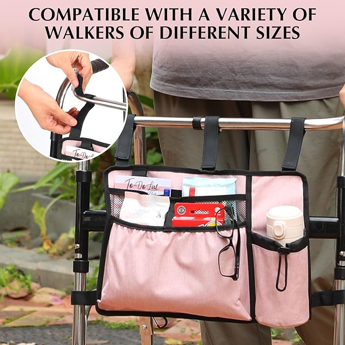 Walker Bags for Folding Walker Accessories Seniors Pouch Cup Holder Carry Organizer Storage Drive with Pockets Velcor Detachable -Pink