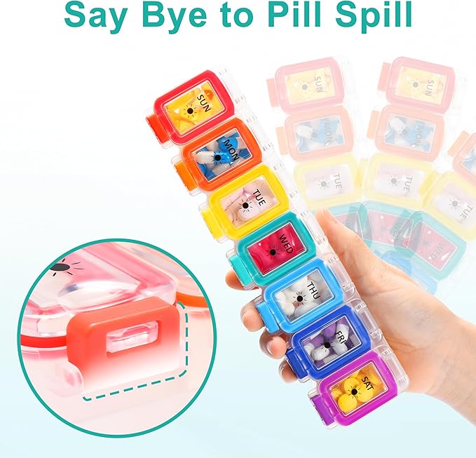 Fullicon Moisture Proof Pill Organizer 2 Times a Day, Large Pill Box 7 Day, Spill Proof Pill Case, Travel Pill Container, Medicine Pill Organizer with Secure Lids, Daily Pill Organizer (Rainbow Clear)