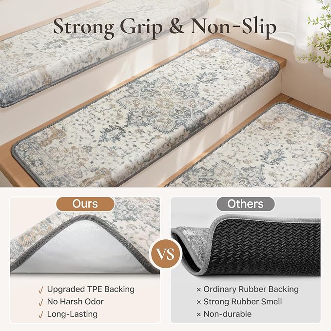 SARBEN 9.5"x30" Non Slip Bullnose Stair Treads for Wooden Steps 15Pk,Taupe | Peel and Stick Carpet Stair Runner with TPE Adhesive Backing, Carpet for Added Safety, Pet and Senior Friendly