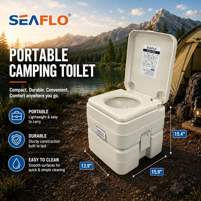SEAFLO Premium Camping Portable Toilet - 5.8 Gallon Waste 3.43 Gall Fresh Tank (100 Flushes), 440 lbs Max Weight, Level Indicator, Sealed Waste Tank for RV, Boat, Elderly, Off-Grid, 4-Year Warranty