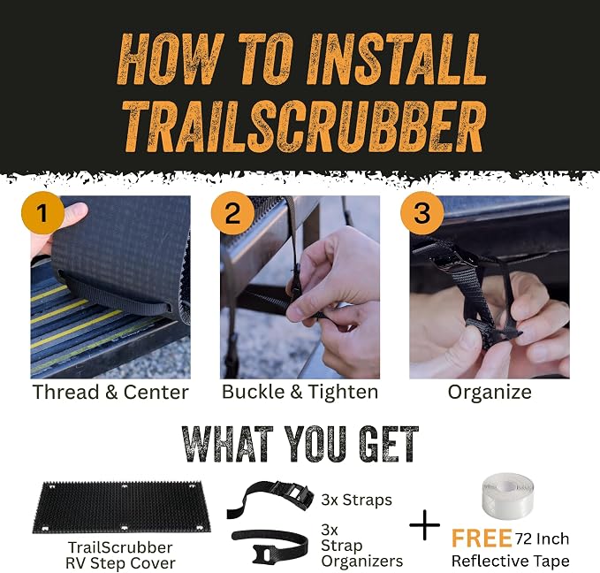 TrailScrubber RV Step Covers, Boot Brush Scrubber Mat for Camper Steps | RV Step Brush & Camper Step Covers, Fits Steps 18.5-22 in Wide, Non Slip Bristle Tread, Hose-off Clean, Straps Included