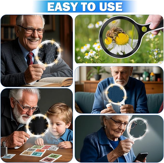 Large Magnifying Glass with Lights,10X 25X 45X 60X Lighted Magnifier | 5-inch Page Magnifier LED Lights,Handheld Magnifying Glass for Reading Small Prints & Low Vision Seniors with Aging Eyes