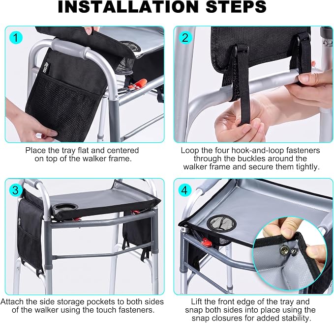 Walker Tray for Folding Walker with Cup Holder, Detachable Tray for Walker, Walker Accessories for Senior with Non-Slip Mat, Universal Fit for Meals, Drinks, Reading,Laptop (Black with Side Pockets)