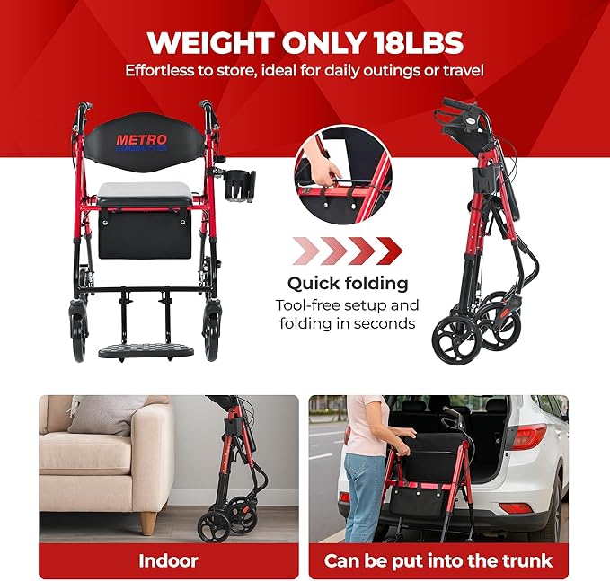 Metro Mobility 2 in 1 Rollator Walker & Transport Wheelchair, Foldable Lightweight Rollator Walker with Seat, 8" Big Wheels for All Terrain, 300 lb. Weight Capacity, Red