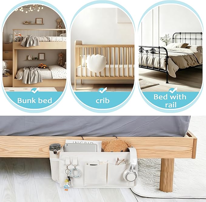 Bedside Caddy, Bedside Storage Bag Hanging Organizer for Bunk Dorm Bed Rail | Bed Caddy with Hooks, Top Bunks and Dorm Essentials for Water, Tissues, Tablets, Books, Phones, Remotes and Other Necessories