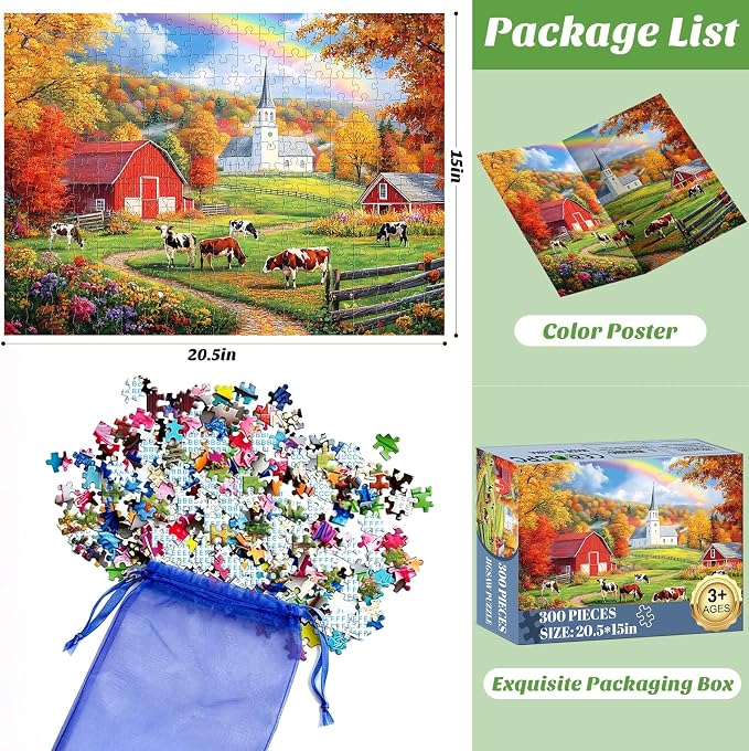300 Piece Puzzles for Kids, Farm Cow Jigsaw Puzzles 300 Pieces for Adults | Natural Scenery Puzzles Ages 8-10 Adult Puzzle Challenge Game Gift Toy for Puzzle Enthusiasts Home Decor Gift Toy 20.5x15IN
