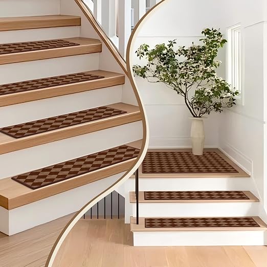 Non Slip Stair Treads for Wooden Steps, 1 Pack 30"x30" Washable Carpet | 30x30 in soft chenille polyester stair treads with reusable TPE backing for indoor wood stairs, dogs, kids, and seniors