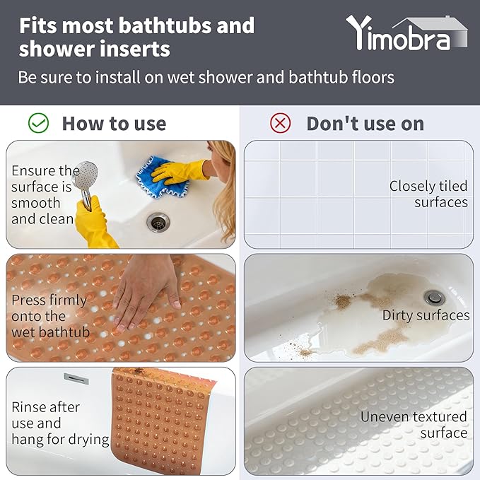 Yimobra Non Slip Bathtub Mat 40 x 16 Inch, Extra Long Shower Mat with Drain Holes, Machine Washable Baby Bath Mats, Strong Suction Cups for Bathroom Floor, Clear Brown
