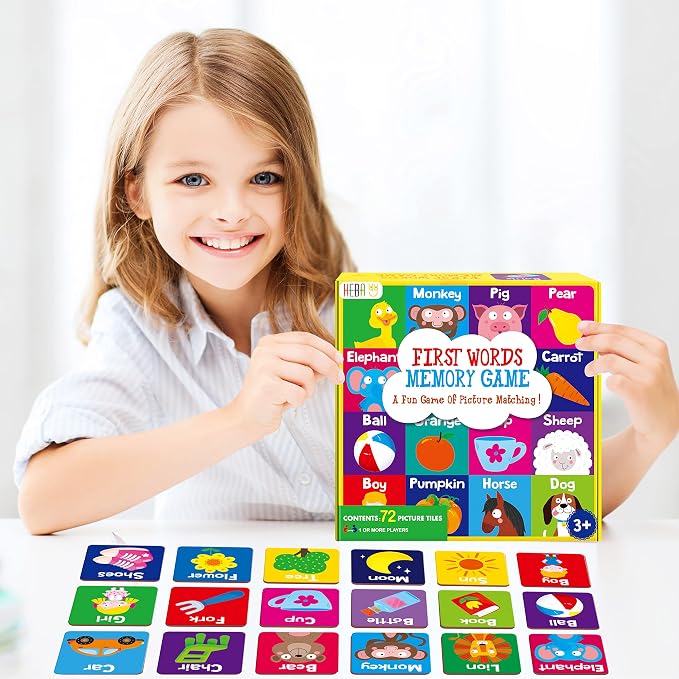 Hebayy Memory Matching Game, 72 PCS First Words Matching Cards for Toddlers 36 Pairs Memory Cards Educational Toys for Preschool 4 5 6 Years Old